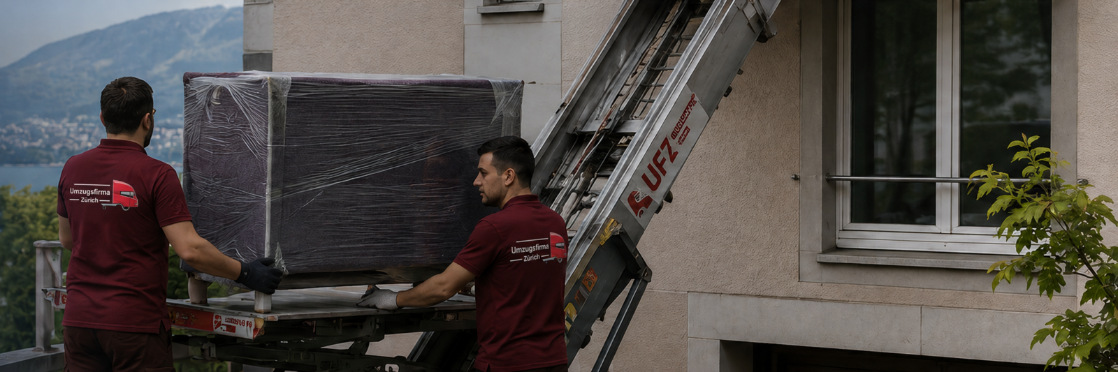 UFZ Umzugsteam beim Möbeltransport vor einem Wohngebäude in Zürich