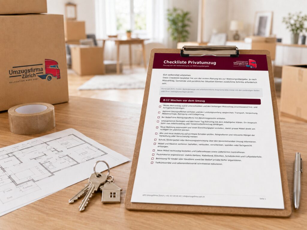 UFZ Checkliste Privatumzug auf einem Tisch mit Wohnungsgrundriss, Hausschlüsseln und Umzugskartons