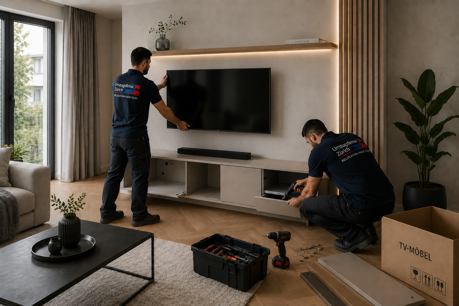 UFZ Mitarbeiter bei der Montage von Wohnmöbeln und eines TV-Möbels in Zürich