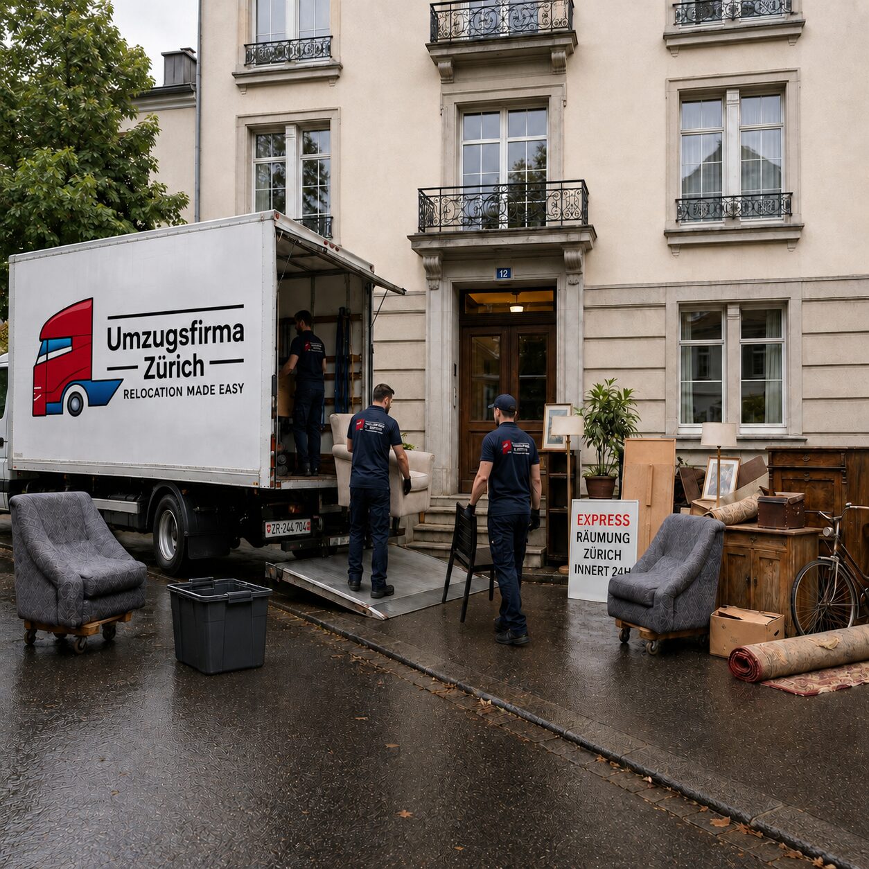 UFZ Team bei einer Express-Räumung in Zürich mit beschriftetem Lieferwagen und Möbelabtransport innert 24 Stunden