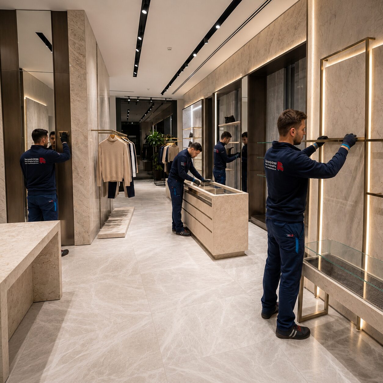 UFZ Team beim professionellen Ladenbau in Zürich während der Montage einer hochwertigen Boutiqueeinrichtung