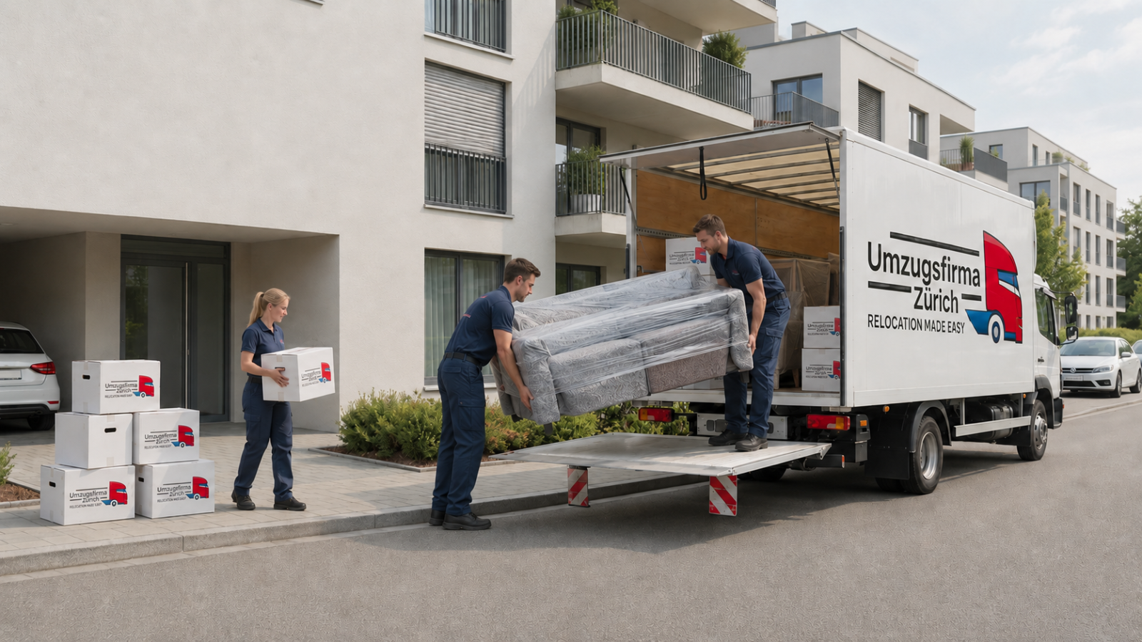Privatumzug Zürich mit UFZ Umzugsteam, geschütztem Sofa und Umzugswagen
