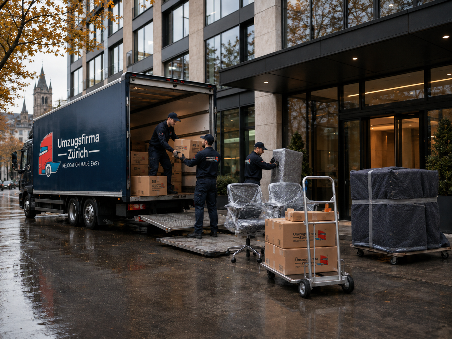 UFZ Umzugsteam beim sicheren Transport von Büromöbeln und Geschäftsinventar in Zürich