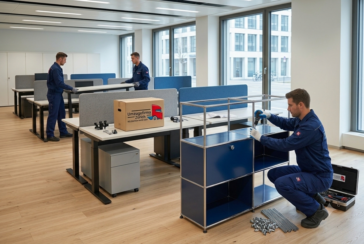 UFZ Mitarbeiter beim Aufbau von Bürotischen, Akustik-Trennwänden und USM-Haller Möbeln in Zürich