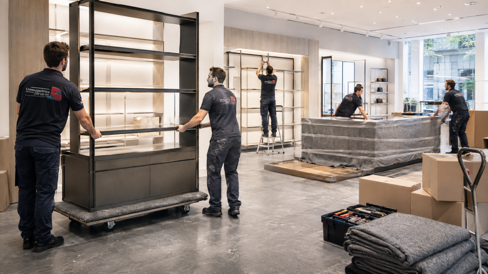UFZ Team beim Ladenbau Zürich mit Montage von Regalen und Verkaufstheke