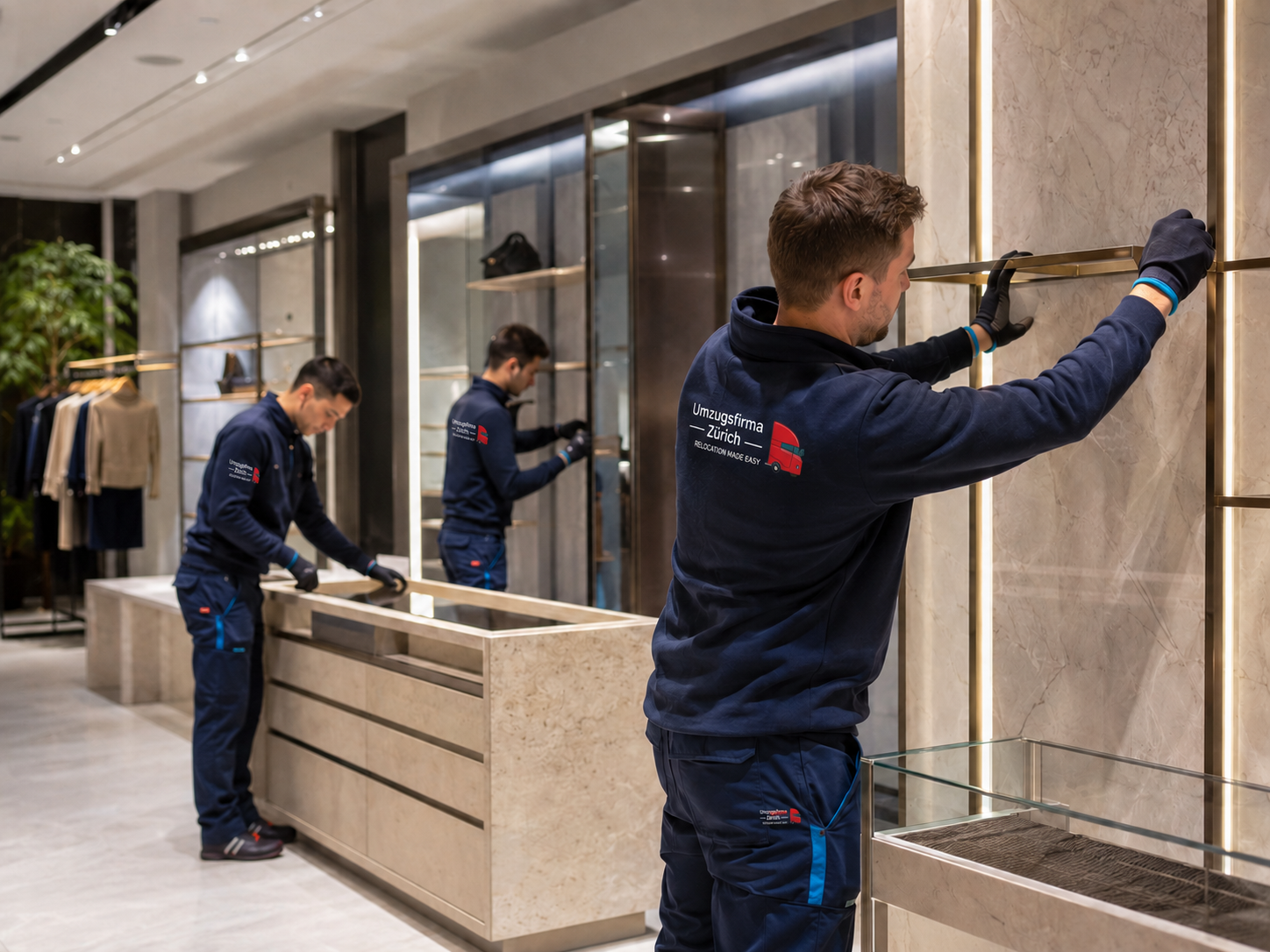UFZ Team bei der Montage einer hochwertigen Ladeneinrichtung für Ladenbau Zürich