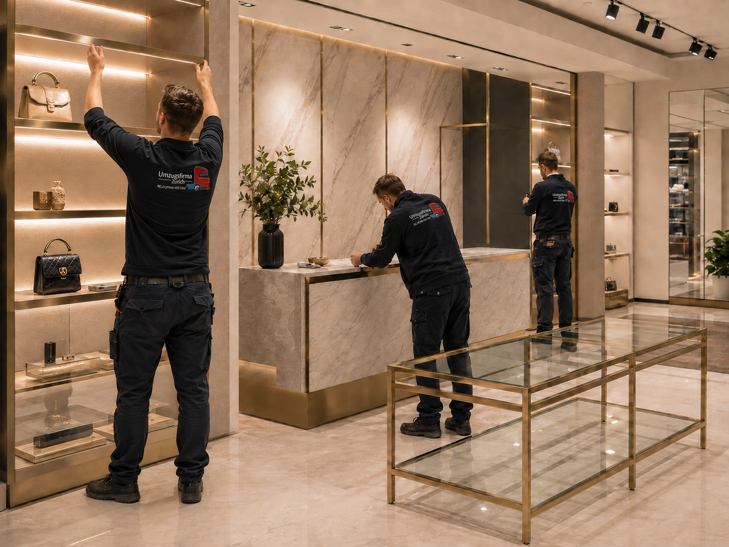 UFZ Team bei der Montage einer hochwertigen Boutique in Zürich