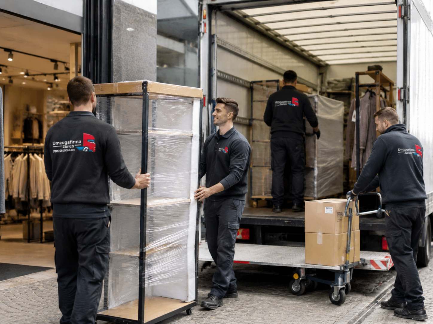 UFZ Team beim sicheren Transport geschützter Ladeneinrichtungen in Zürich