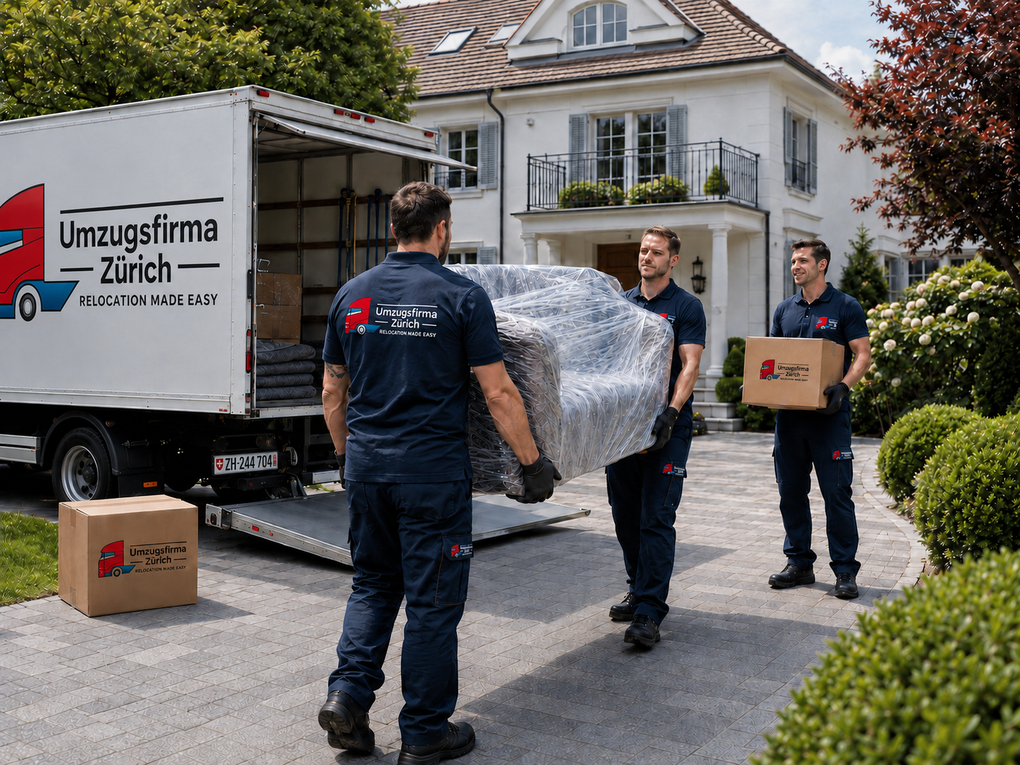 Privatumzug Zürich mit UFZ Umzugsteam vor einem Einfamilienhaus beim sicheren Möbeltransport