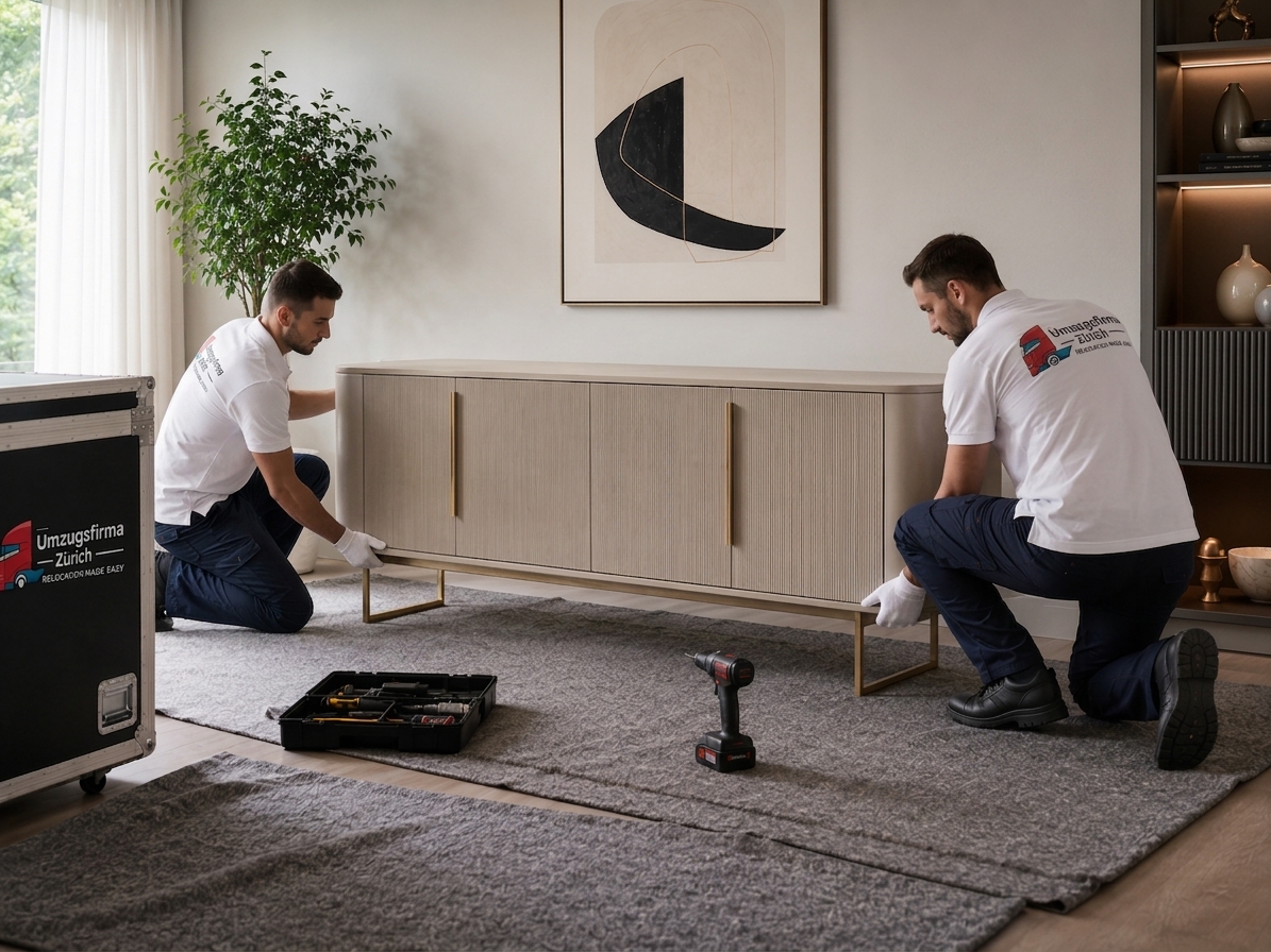 UFZ Mitarbeiter bei der professionellen Möbelmontage eines Sideboards in Zürich