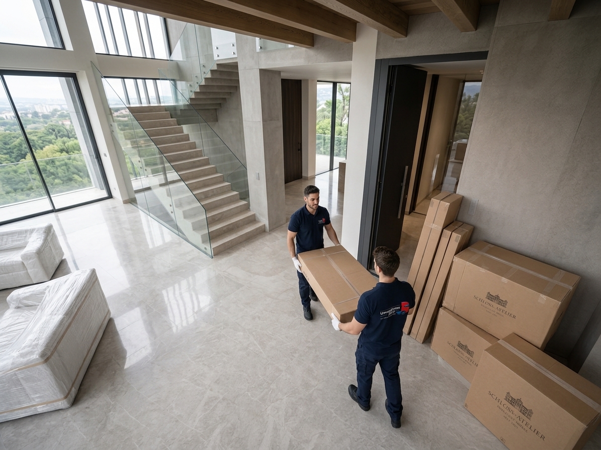 UFZ Mitarbeiter bei der Neumöbel-Lieferung in eine moderne Wohnung in Zürich